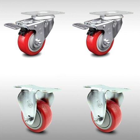 Service Caster 3 Inch SS Red Polyurethane Top Plate Caster Lock Brake 2 Rigid SCC, 2PK SCC-SSTTL20S314-PPUB-RED-2-R-2